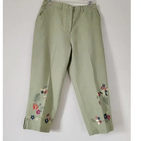 CJ Banks Sage Green Floral Embroidered Wide leg Capri/Ankle Pants Women's Size 4 - Picture 2 of 13